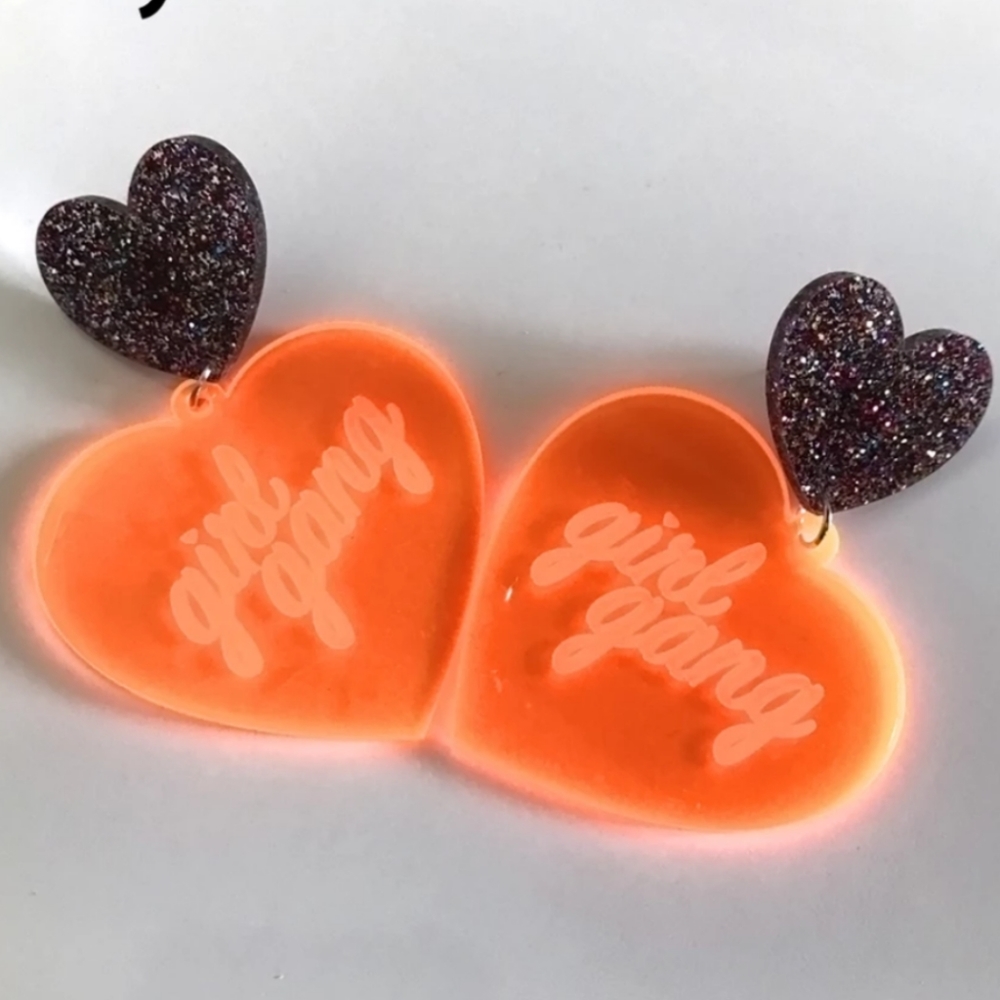 Girl Gang Oversized Glitter Orange Heart Earrings - Picture 5 of 7